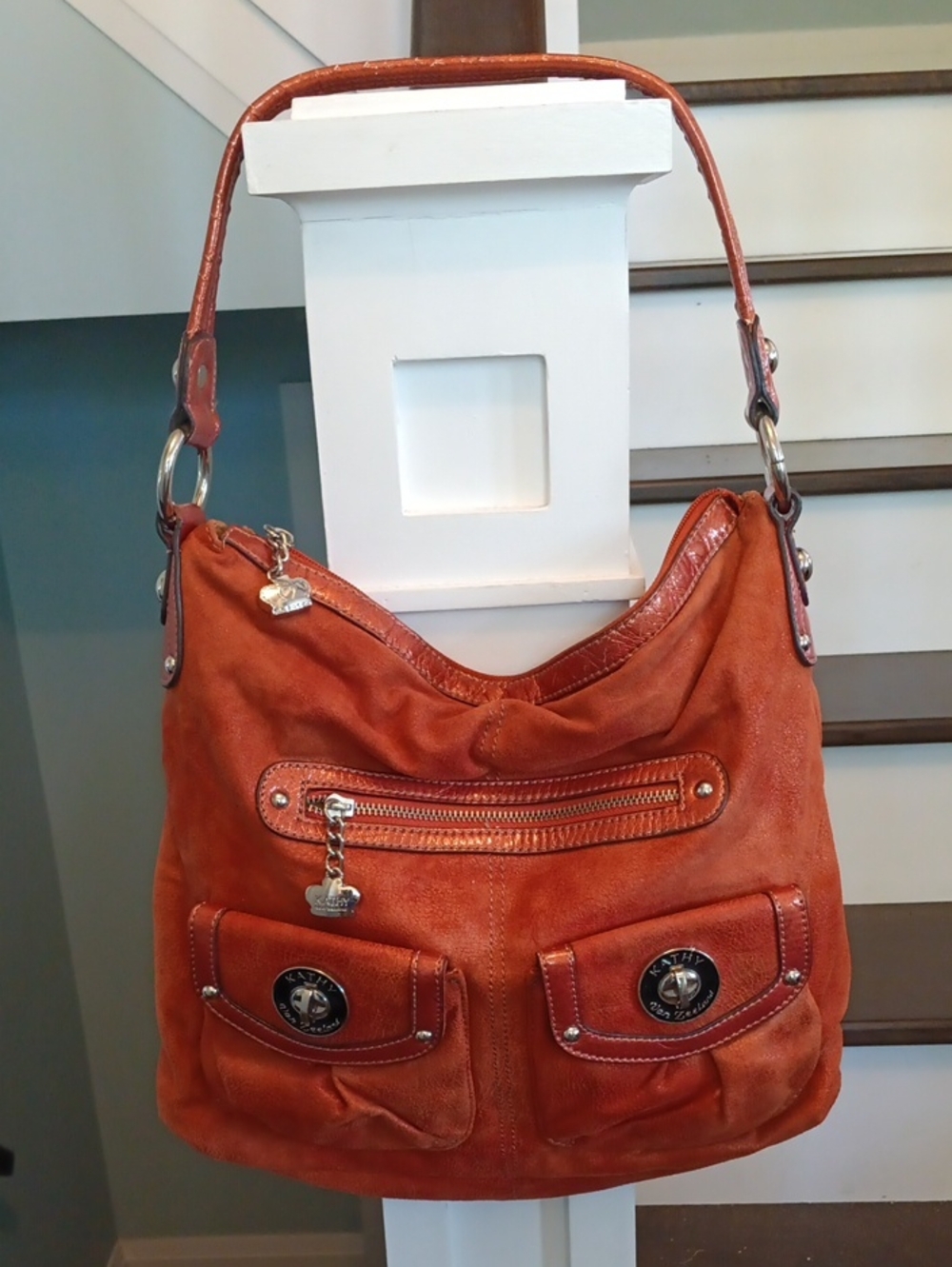 & Vintage Kathy Van Zeeland Burnt Orange Faux Suede Hobo Bag